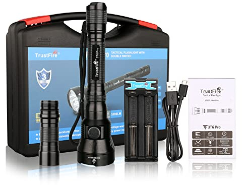 TrustFire 3T6 Pro Linterna Caza 5200 lúmenes Súper Brillante, Linterna Táctica Militar Alcance 602M con 3 X SST-40 LED,3 X Batería,1 X TR-016 Cargador de Batería USB y 1 X Tubo Extendido