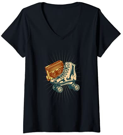 Damen Vintage 80s Rollschuhe Kassette Radio T-Shirt mit V-Ausschnitt