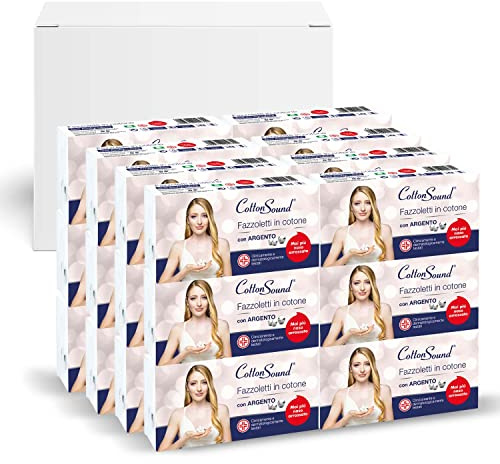 COTTON SOUND SILVER Näsdukar i bomull 24 conf. 6 förpackningar x 8 näsdukar, 100% hydrofil bomull, silvermikropartiklar Naturlig antibakteriell verkan, bionedbrytbar, tillverkad i Italien