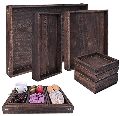 Serviertablett aus Holz mit Griffen, 7 Stück rechteckige Holz-Nesting-Mehrzweck-Tabletts, dekorative Serviertabletts Platte für Frühstück im Bett, Mittagessen, Abendessen, Terrasse, Couchtisch, Party