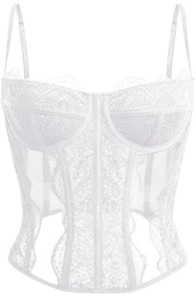 Dealmore Tops de corsé con tirantes de espagueti y malla de encaje para mujer, para una cita o salir por la noche de fiesta o a un club, Blanco, M