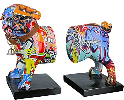 Casablanca Deko 1 Paar Buchstützen CD Halter - Tierfigur Mops Hundefigur mit Halsband Glocke - Design: Street Art Graffiti Hund modern - Mehrfarbig Gesamtlänge 22,5 cm