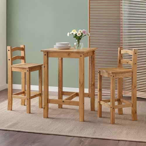 Mercers Furniture Corona Bistro Table & 2 Barstools Solid Wood Pine Wooden Kitchen Breakfast Bar Set Dining Tall Small Mexican Style 100cm High 60cm Wide 60cm Deep = Table Measurements