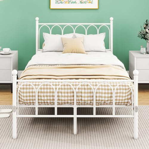 VERFARM Cama de Metal 120 x 200 cm Con Somier, Doble/Individual, Marco Con Cabecero y Reposapiés, Para Invitados y Dormitorio Juvenil, Color Blanco