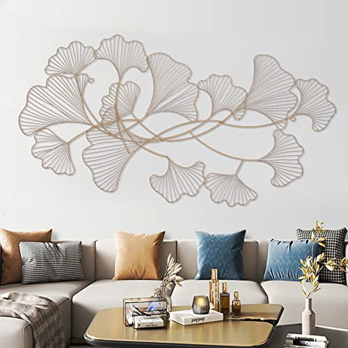 Wanddeko Gold, 120 x 57 cm Wanddeko Metall Gingko, 3D Ginkgo Blatt Kunst Hängen Ornament, Wanddeko Wohnzimmer, Deko Schlafzimmer.