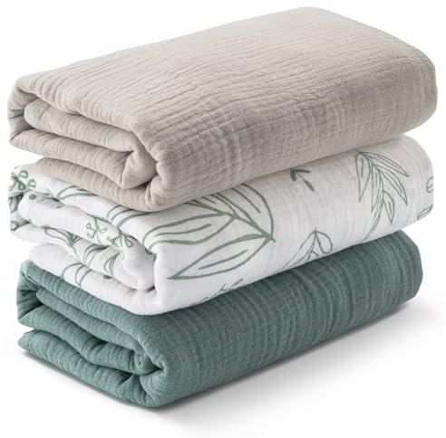 Soarwg Kids Musselin Tuch Baby Pucktücher für Neugeborene, 3 Stück Musselin Decke, große 95 x 100cm Babydecke - Baby Swaddle Decke Spucktücher, Wickeltuch wesentliche Artikel für Babyparty Grün