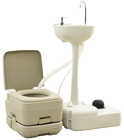 MOLVUS Toilette da Campeggio Portatile 10 + 10 Litri e Supporto per lavamani 20 Litri Set Grigio, WC Portatile vasino per Feste in Piscina, Campeggio, roulotte, Picnic e Festival