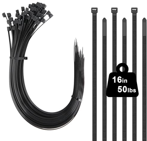 16 inch Cable Ties 100 Pack, 400mm x 4.8mm Black Long Zip Ties, Tensile Strength 50 lbs with UV Resistant, Nylon Plastic Self Locking Heavy Duty Cable Wrap for Tidy Wires Home Workshop and Garden