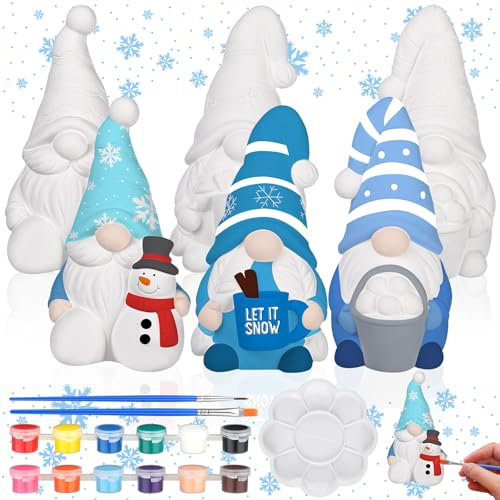 Youyole 3 Pack Ready to Paint Your Own Gnome Statues, 4 Mini Blank Ceramics Unpainted Gnome Figurines Craft DIY Art with Brush Palette Paint for Adults Christmas Winter Decor