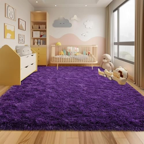 HOKXUAN Teppich Wohnzimmer Flauschig 90 x 70 cm Extra Weich, Pflegeleicht Flauschig Fellteppich Kunstfell Modernes Einfarbiges Design für Küche, Schlafzimmer, Lila