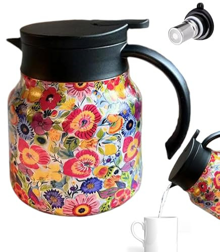 Théière isotherme - 800 ml - Motif floral - Théière isotherme sous vide en acier inoxydable pour infuser, filtrer et verser