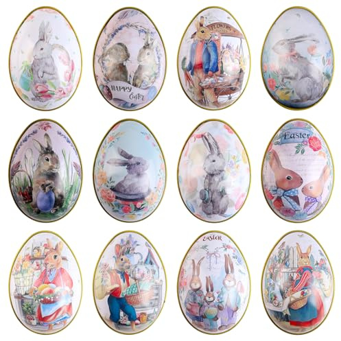 Crazy Night Assorted Metallic Easter Egg Container Different Design Wedding Supplies Painting Print Candy Packaging Box Tin Easter Day Eggs Random Color (12)