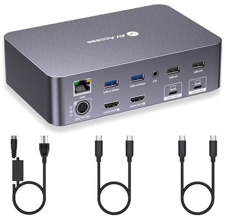 AV Access KVM Switch Dock 2 Monitors 2 Laptops, 4K KVM Switch Dual Monitor, 2 USB-C MST Ports, 60W PD for Each PC, 1G Ethernet, EDID Emulation, 2K@144Hz, 1080P@240Hz, Ideal for Home Office & Gaming