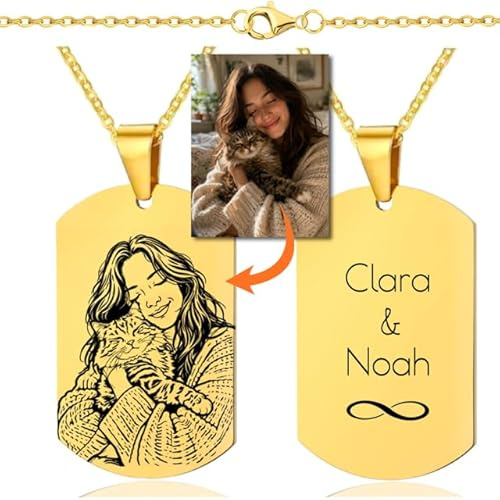 Lumari Gold Personalisierte Foto Halskette mit Gravur – Dog Tag Anhänger mit Fotogravur nach Bild (handgezeichnet) – personalisiertes Geschenk für Damen und Herren