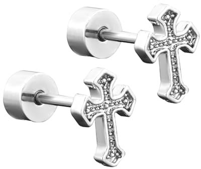 Mikovivi Titanium Steel Cross Flat Screw Back Faith Small Stud Earrings Vintage Religious Christian Simple Cross Cartilage Earrings Stylish Jewelry Gift for Women Men (Silver)