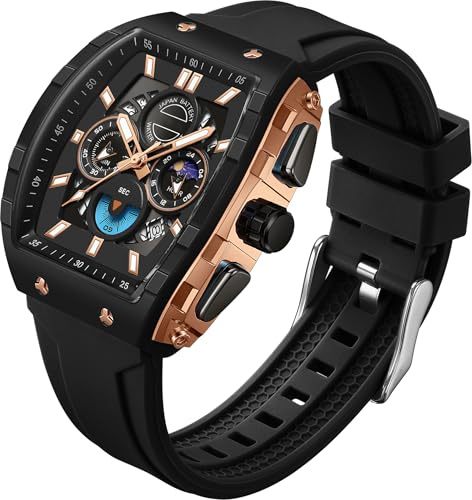 findtime Men's Watch Analogue Watches Fashion Tonneau Rectangle Sport Wrist Watch Military Quartz Chronograph Waterproof Watches with Luminous Calendar Curved Screen