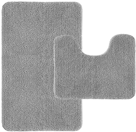 Achiiso Waschbar Badematten Set 2 Teilig Grau U40x50cm+50x80cm | Rutschfest, Wasserabsorbierend Mikrofaser, Plüsch, Toilettenmatte, Duschmatte