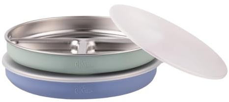 Platos divididos de acero inoxidable + funda de silicona y tapa de almacenamiento | Bebé, niños pequeños | Platos de cena y aperitivos | Paquete de 2
