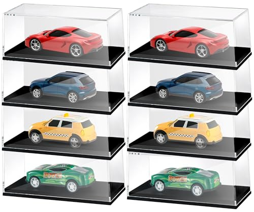 Autovitrine im Maßstab 1:64, 8er-Set, stapelbare Displaybox für Matchbox, Spielzeugauto, staubdicht, transparent, Aufbewahrungskoffer mit schwarzem Sockel für Modellautos