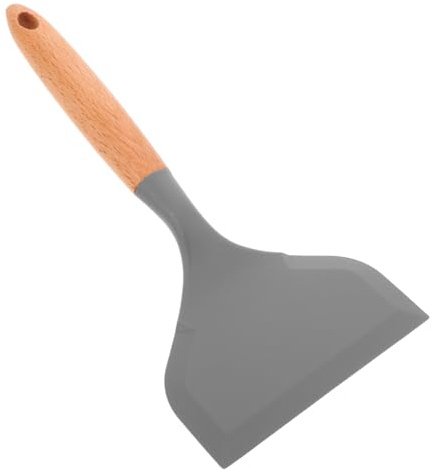 HOLIDYOYO Silicone Cooking Turner Wooden Handle, Non-Stick Flat Frying Spatula for Fried Eggs and Pancakes, Wide Edge Kitchen Utensil in Light Grey for Home Cooking