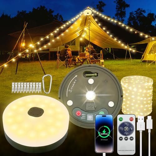 plainshe 10m Retractable Camping String Lights,USB Rechargeable,1800mAh Battery,9 Lighting Modes,IP44 SplashProof, Stowable Portable for Camping,Tents,RV,Garden (Warm White/USB Charge, 10m)