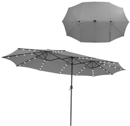 KOMFOTTEU Parasol de Jardin Double avec 48 Lumières LED, Grand Parasol Rectangulaire d’Extérieur, 470 x 280 cm, Manivelle, pour Patio, Piscine, Terrasse, Café, Cour (Gris)