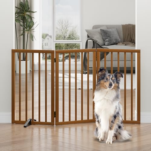 Hohe Hundegitter für Türen, faltbares Hundegitter für den Innenbereich, freistehende Haustiergitter für Türen, Schlafzimmer, Welpengitter mit Metallstützfüßen, Raumteiler, 3 Paneele (Nussbaum)