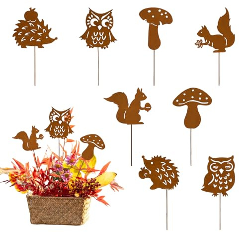 SPERMUOY Herbstdeko Outdoor Gartenstecker Rost Herbsts Deko,8er Herbstdeko Rost Gartensteck-er für Herbstdeko, Eulen Deko für Innen Blumentopf Terrasse