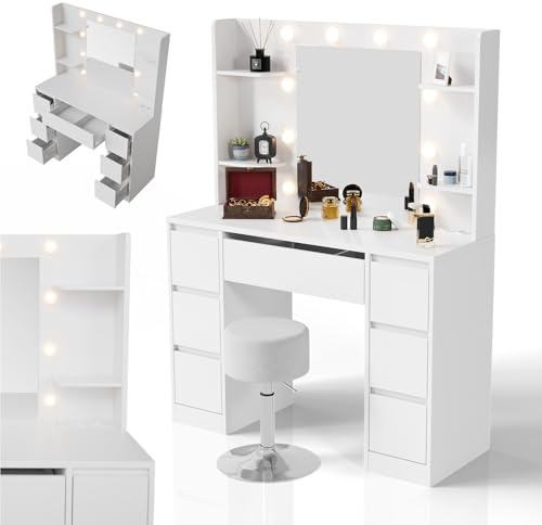 Juskys Schminktisch Malia mit LED-Spiegel und Hocker Tonia, 7 Schubladen, individuelle Lichteinstellung, viel Stauraum, modernes Design, kompakt & pflegeleicht