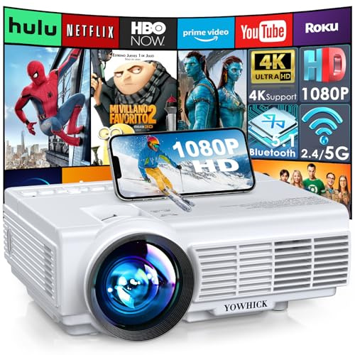 Proyector con WiFi y Bluetooth, 5G WiFi nativo 1080P 9500L YOWHICK proyector para exteriores 4K, mini proyector de películas portátil, para HDMI, VGA, USB, portátil, iOS y teléfono Android
