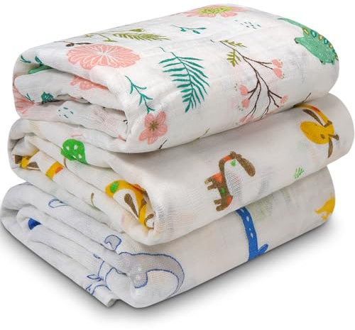 MLEPXBO Panni in mussola per bambini, confezione da 3 copertine in cotone grandi, 110 x 110 cm, assorbenti, morbide, traspiranti, per neonati, ragazzi e ragazze, lavaggio delicato, motivo neutro