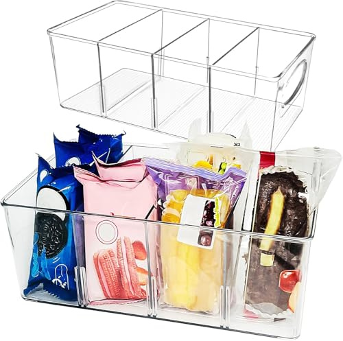 Freshmagis 2 Pack Pantry Organizer Bins with Removable Dividers, 4 Divided Sections, Clear, Sturdy & Lightweight, Perfect for Cabinet, Kitchen, Pantry & Refrigerator Organization