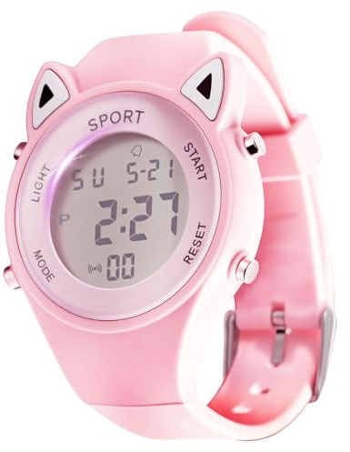 Amztour Montre Enfants Fille Montre Digitale Étanche Enfants avec Chronomètre Lumière LED Date 30M Étanche/Numérique/Bracelet Souple de 6 à 12 Ans avec Motif de Chat Dessin Animé 3D