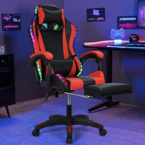 Chicmine Gaming Chair with Bluetooth Speakers, LED Lights, Adjustable Backrest, Retractable Footrest, Faux Leather Recliner for Gaming, Office, and Recreation Rooms – Height Adjustable with Handrails