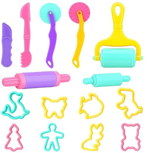 15PCS Clay Dough Sets,Playdough Tool Set Accessories with Rolling Pin & 8 Animal Molds,Cute Party Pack Toys for Kids Toddlers Age 2-4 3-5 4-8,Educational Toys Gift for Christmas Boys Girls (1 Set)