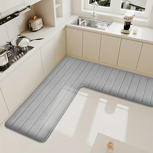 Wlian L-Shaped Kitchen Mat – Non-Slip Absorbent Corner Floor Mat for Kitchen & Home, Soft L-Shape Rug for Bathroom, Toilet & Shower Corners, Machine Washable, LightGrey, 150x150x45cm