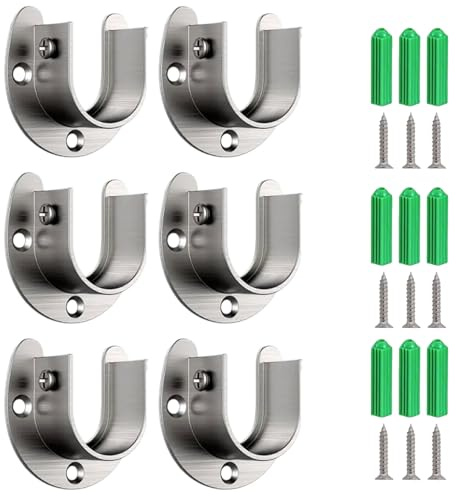 6 Pack Wardrobe Rail Bracket, 25mm Flange Rod Holder, Stainless Steel U-Shaped Closet Pole Sockets, Suitable For Wardrobe, Bathroom, Kitchen And Shower Curtain