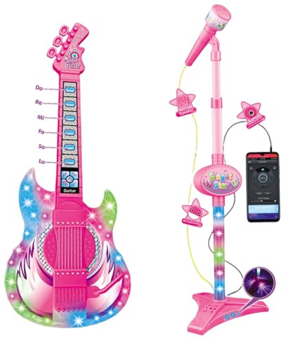 Kids Guitar and Microphone Set, Guitar Toys with Music&Colorful Light, Adjustable Height Microphone with Stand, Music Light Karaoke Toys Birthday