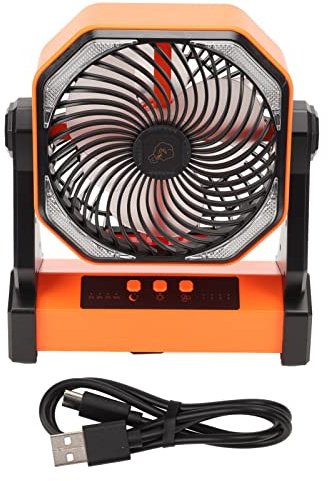 Respicefinem Ventilatore da campeggio con lanterna LED 4 livelli Ventilatore per tenda da esterno ricaricabile USB di grande volume da 270 gradi con gancio leggero (Arancia)