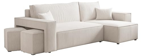 IDOHOME Ecksofa mit Schlaffunktion und Bettkasten 2 Hocker 262 x 145 cm | 262 x 145 x 83 cm, Hoher Sitzkomfort, 2 Hocker inklusive, Wohnen und Schlafen, Integrierter Bettkasten