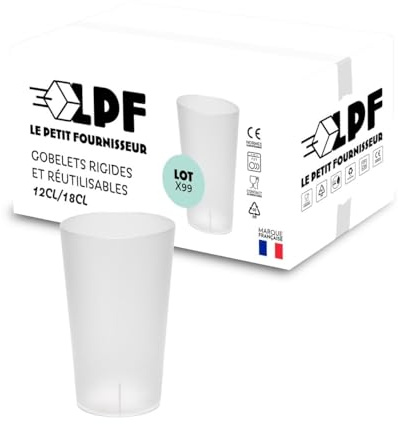 LPF LE PETIT FOURNISSEUR - Lot de 99 Gobelets réutilisables 12cl (18cl à ras-bord) - Polypropylène Plastique Alimentaire Rigide - Gobelets pour évenements - Compatible lave-vaisselle - Couleur Givrée