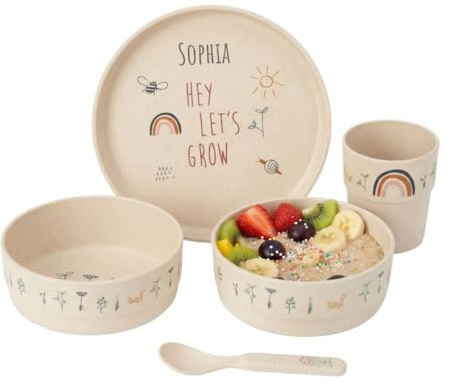 wunderwunsch personalisiertes LÄSSIG Kindergeschirr Set (Teller, Becher, Schälchen, Löffel) ohne Melamin, BPA-frei, für Spülmaschine und Mikrowelle/Dish Set (Garden Explorer)