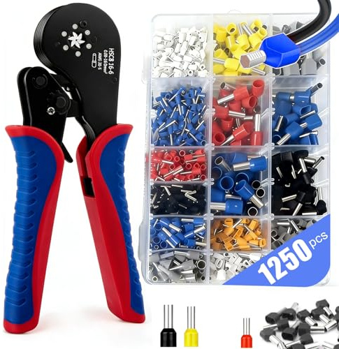 xolear 0.08-16mm² Crimpadora Terminales Electricos, Crimpadora Profesional con 1250 Punteras Electricas, Autorregulación Grimpadora Trinquete para Instalaciones Eléctricas y Reparación de Vehículos