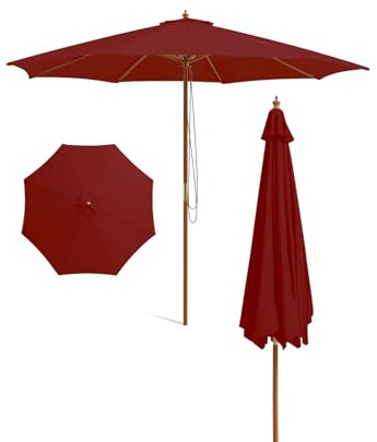 FANTASK Sonnenschirm aus Holz, Ø 300 cm, Gartenschirm, Balkonschirm, Marktschirm für Garten, Balkon, Terrasse, Pool (Rot)