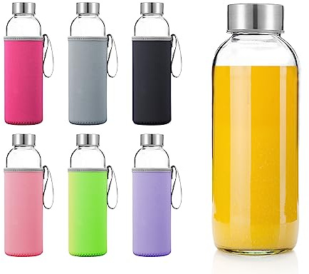 Otis Glass Water Bottles - 6 Pack w/ Sleeves & Stainless Steel Lids - For Hot & Cold Drinks, Kombucha, Juice & Tea - Water Tumbler w/ Colourful Sleeve - 18oz