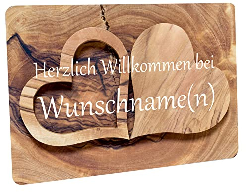 Crealuxe Fussmatte personalisiert - Herzlich Willkommen - Motiv 2 Holzherzen - 60x40 cm, Fußabtreter waschbar, Fußabstreifer für die Haustür, Fußmatte rutschfest