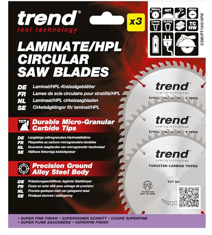 Trend Laminat & HPL Kreissägeblatts, 3er-Pack, 160mm Durchmesser, 20mm Bohrung, 48 Zähne, HW, 2,2mm Schnittbreite, +4° Haken, CSB/PT160/3PK