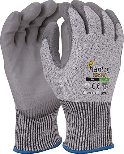 10 Pairs of Hantex® HX5PU Cut Resistant Level 5 Work Gloves Grey PU Palm Coated (9 / Large)