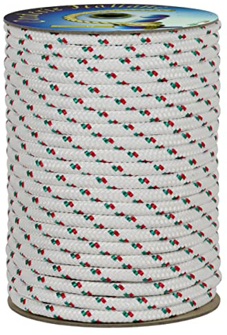 Corderie Italiane 006009078 Treccia ecopol, 10 mm - 50 mt, corda multiuso, stabilizzata ai raggi U.V., resiste a intemperie, bianca con spia rosso-verde, rottura 560 kg