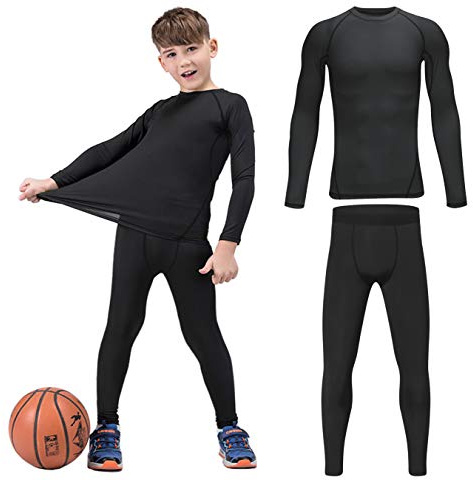 HOPLYNN Youth Boys' Compression Leggings Athletic Shirt Tights Top Base Layer Set Sports Youth for Kids Balck L